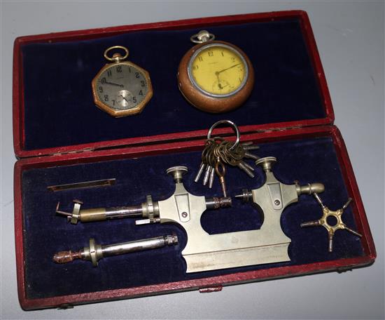 2 pocket watches, 10 Edwardian pocket watch keys, spider key and poison tod